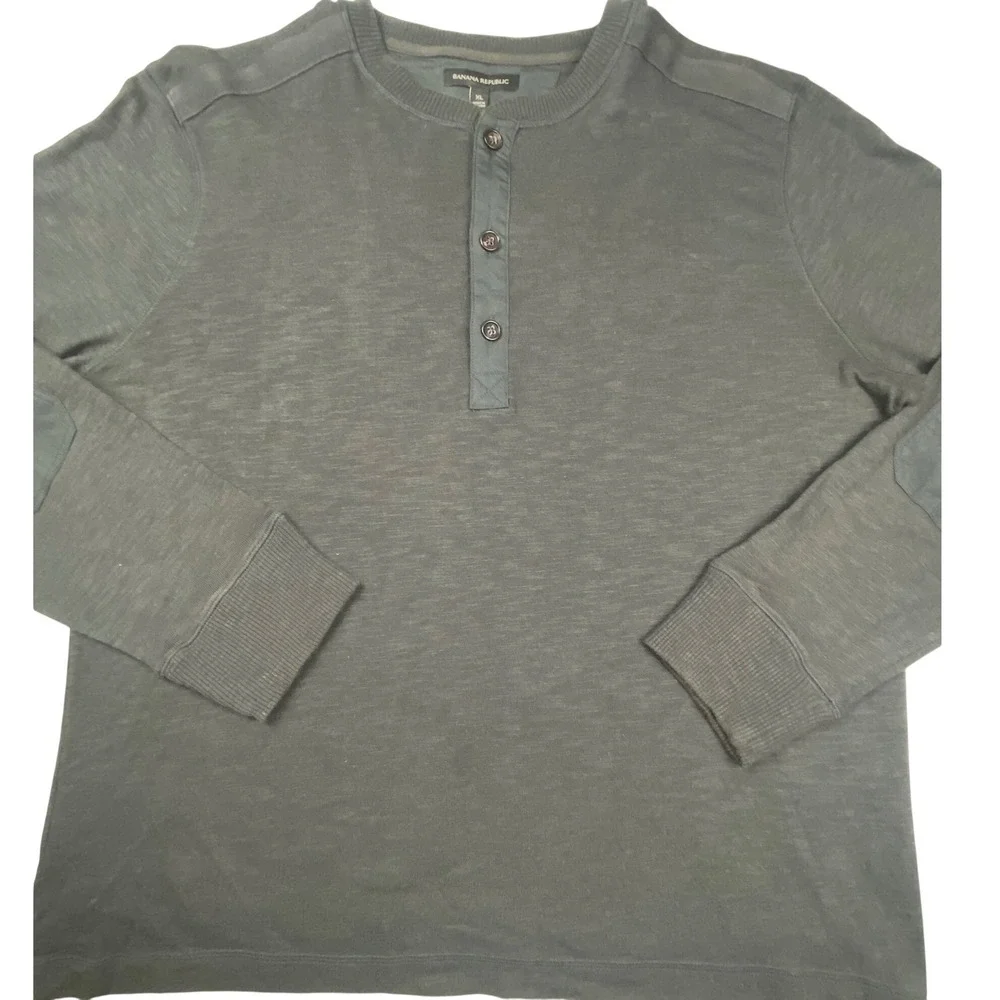 Banana Republic Mens XL Gray Slub Cotton Henley Elbow Patch Shirt
